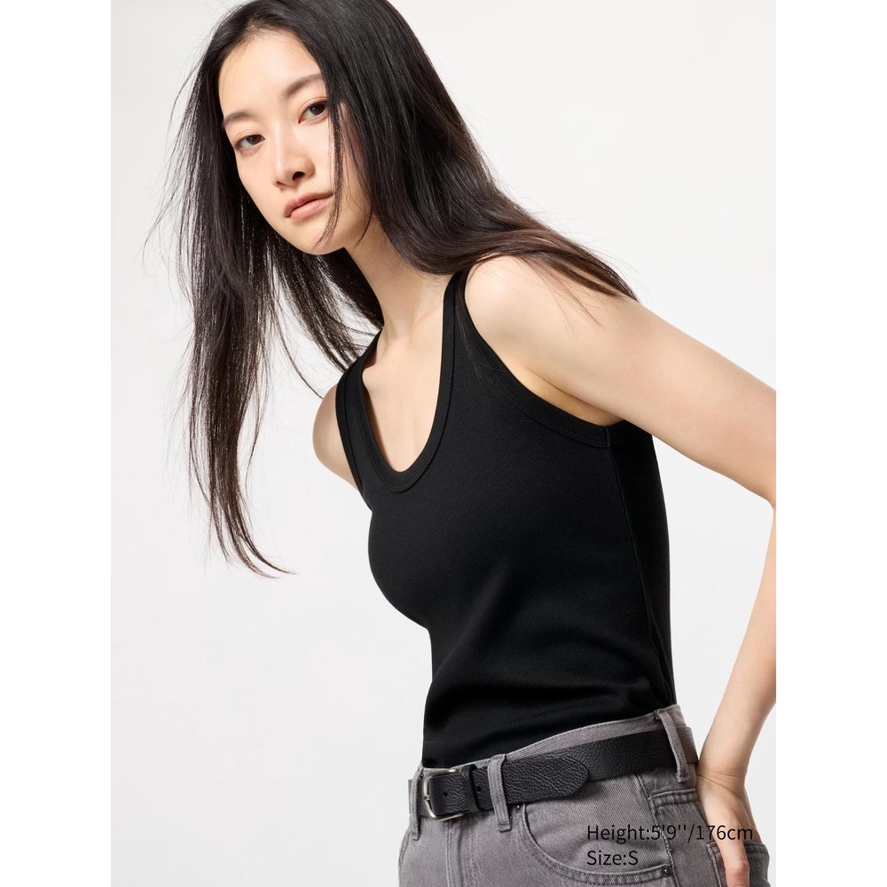 Uniqlo Sz LG Black Soft Ribbed Scoop Neck Cotton Blend Tank Top